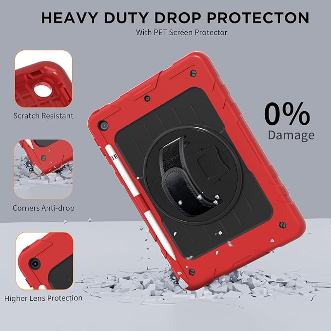 Case for iPad 9th/8th/7th Generation-Built-in Screen Protector,with Pencil Holder&360°Rotating Hand Strap,Shoulder Strap,Case for iPad 10.2 inch 2021-2019(Red/Black)