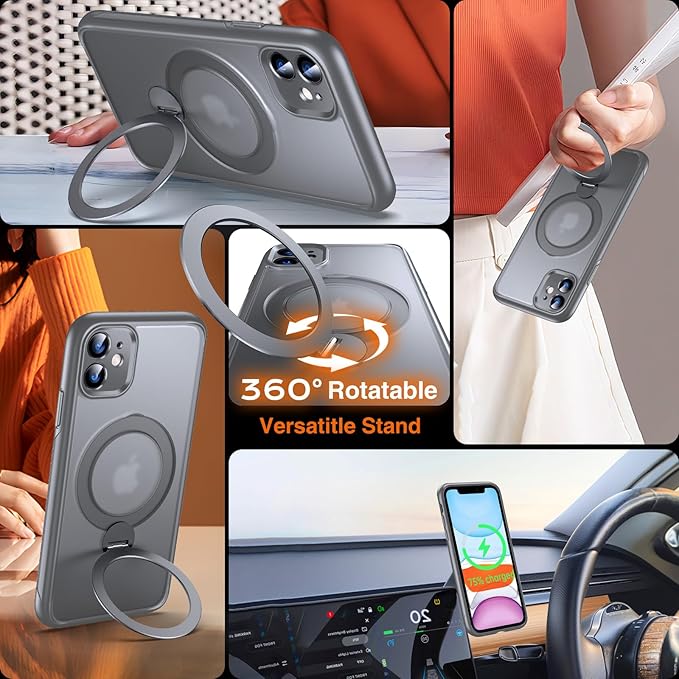 360° O-Ring MagStander for iPhone 11 Case with Magnetic Kickstand Ring Holder [Compatible with MagSafe][360°Rotate Stand Ring][Military Shockproof] Magnet iPhone 11 Phone Cover Matte Grey