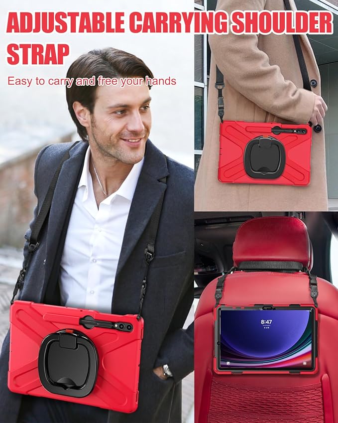 BRAECN Case for Samsung Galaxy Tab S10+/S9 FE+/S9+ 12.4” 2024 SM-X820/X610/X810, Shockproof Silicone Case with Screen Protector/S Pen Holder/Shoulder Strap/Kickstand for Galaxy Tab S8+/S7 FE/S7+,Red