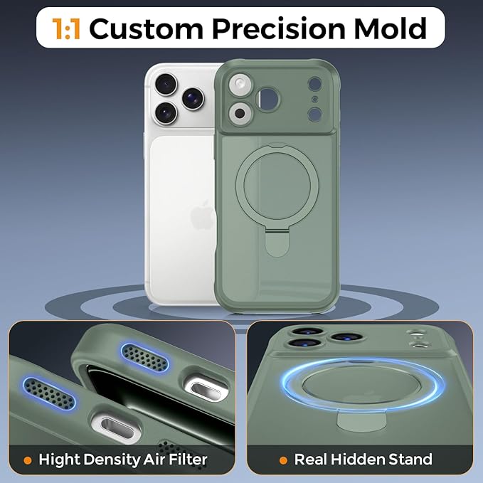 MOCCA Compatible with iPhone 17 Pro Case with Magnetic Invisible Stand [Full Camera Protection] [Compatible with Magsafe] Military Drop Shockproof Translucent Matte Phone Case Cover 6.3",Calke Green