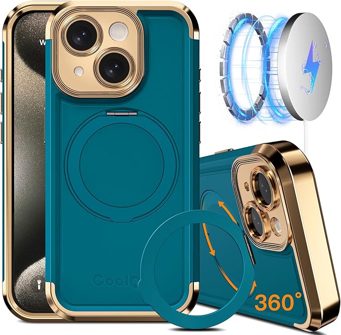 COOLQO for iPhone 15 Case 6.1'' Upgraded 360° Spin Magnetic Stand [Compatible with Magsafe][Military Protection] Plating Matte Scratch-Resistant Back Protective Shockproof Phone Case, Green Gold