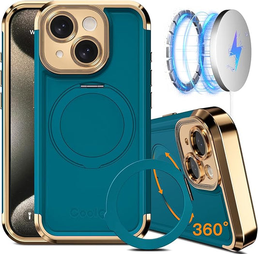 COOLQO for iPhone 15 Case 6.1'' Upgraded 360° Spin Magnetic Stand [Compatible with Magsafe][Military Protection] Plating Matte Scratch-Resistant Back Protective Shockproof Phone Case, Green Gold