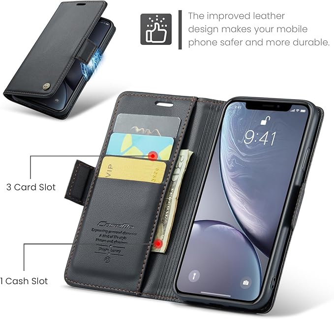 for iPhone XR Case, Premium PU Leather Wallet Case Flip Cover with [RFID Blocking][Card Holder][Stand Function] Shockproof Protective for Apple iPhone XR, Black