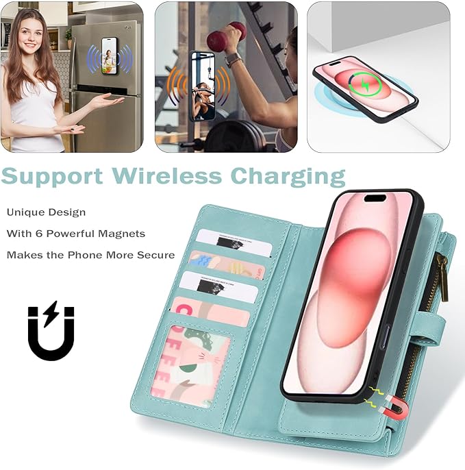TwoHead Wallet Case Compatible with iPhone 15,Detachable Magnetic Phone Case,All-Round Protective Leather Phone Case with Card Holder,6.1 in,Blue