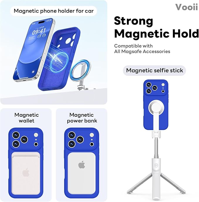 Vooii Magnetic Compatible with iPhone 17 Pro Case (Compatible with Magsafe) (Upgraded Camera Protection) Liquid Silicone Shockproof Full Body Protective Phone Cover for Women Men, Klein Blue, 6.3”
