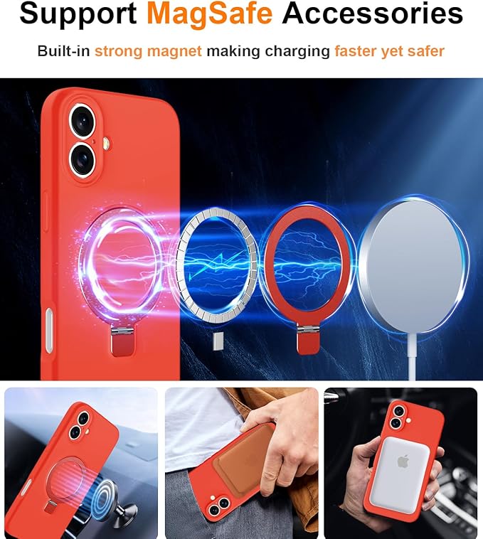 ZHK Liquid Silicone Designed for iPhone 16 Case with Magnet Stand, [Precise Camera Lens Protection][Mil-Grade Drop Shockproof][Soft Anti-Scratch Microfiber Lining] Slim Fit Cover, Red