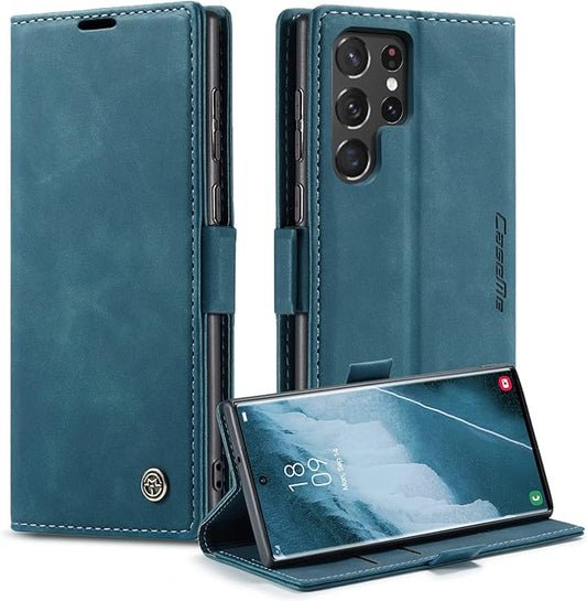 for Samsung Galaxy S22 Ultra Case, Flip Wallet Leather Case with Card Holder Magnetic Closure Shockproof Kickstand Protective Phone Cases Cover for Samsung S22 Ultra,Blue-Green