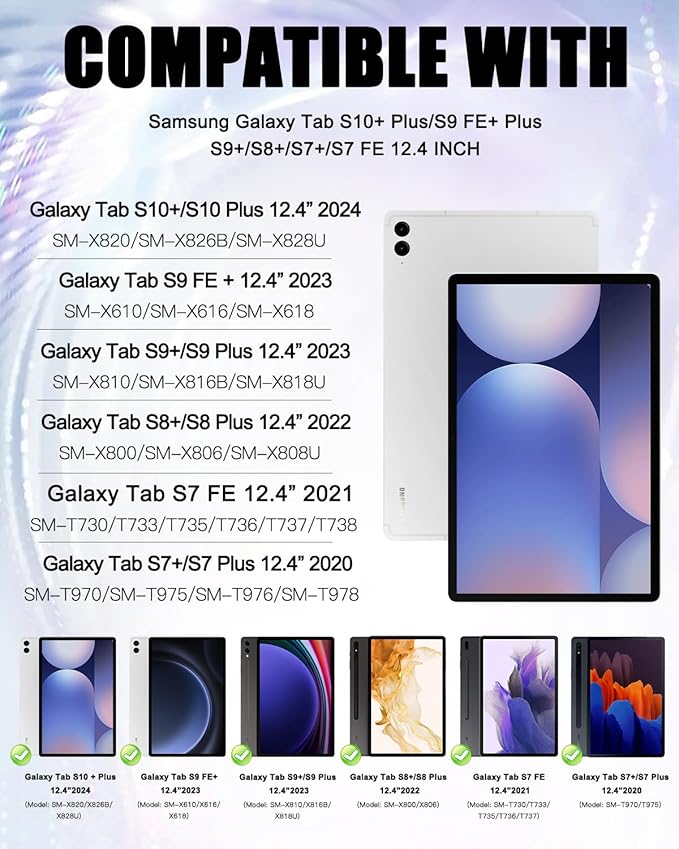 BRAECN Case for 12.4” Samsung Galaxy Tab S10+/ S9 FE+/ S9+/ S8+/ S7 FE/S7+ Plus, Rugged Silicone Cover w/S Pen Holder, Screen Protector, Handle Grip/Kickstand, Shoulder Strap, Navy Blue