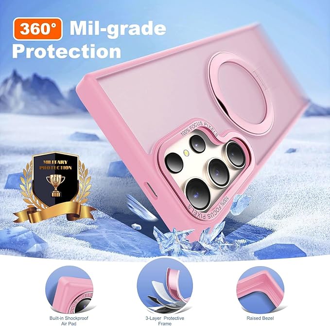 Compatible with Samsung Galaxy S24 Ultra Case with 360Rotatable Magnetic Ring Stand Compatible with Mag-Safe Military Protection Matte Translucent Phone Cases for S24 Ultra 6.8",Pink