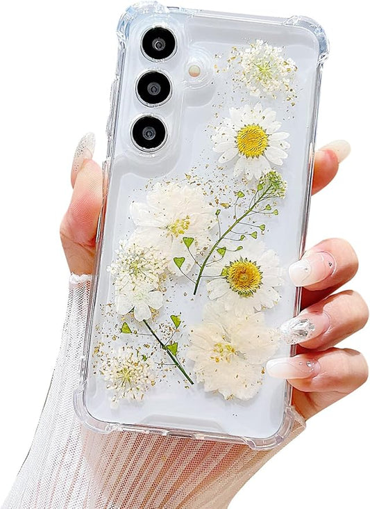 Compatible with Samsung Galaxy S23 Case Cute Pressed Dried Real Flowers Design Women Girly Shockproof Glitter Floral Clear Phone Cover for Galaxy S23 (White Flower)