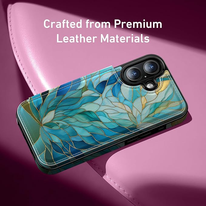 FUNMIKO for iPhone 16 Plus Wallet Case with Card Holder, RFID-Blocking, Military-Grade Protection & UV-Printed Artwork, Magnetic Closure with Leather Kickstand - Sleek Cyan Leaf