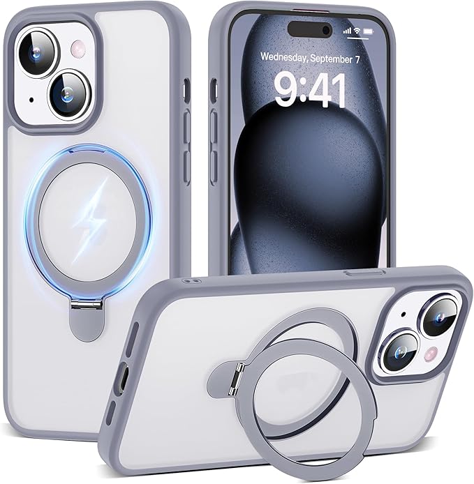 Designed for iPhone 15 Pro Max Case with Magnetic Ring Stand [Compatible with Mag-Safe] [Military Drop Protection] Shockproof Translucent Phone Cover 6.7" for Women Men,Grey
