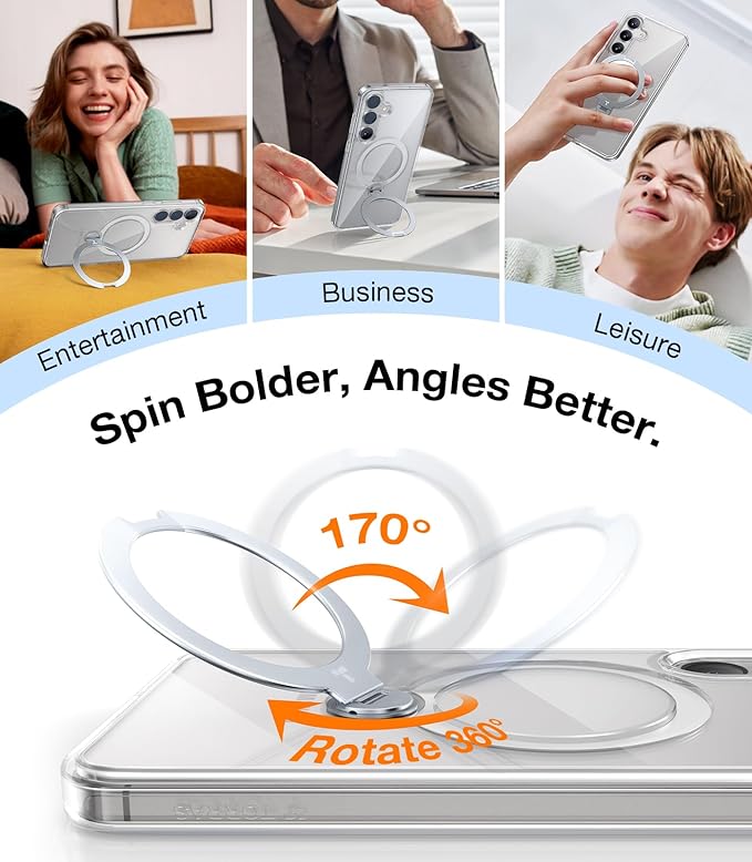 TORRAS 360Spin Magnetic Stand for Samsung Galaxy S25 Plus Case (2025), Fit for Magsafe Military Grade Shockproof Slim Protective S25+ Plus Case with Kickstand & Ring Holder, Ostand Spin, Clear