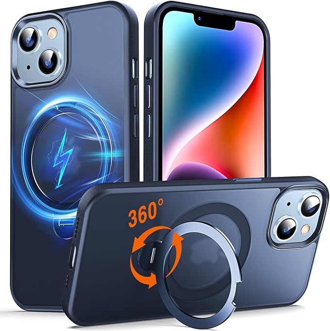 360° O-Ring MagStander for iPhone 13 Case, iPhone 14 Case with Magnetic Stand Ring Holder [Compatible with MagSafe][15FT Military Shockproof] Kickstand iPhone 13/14 Phone Cover Matte Blue