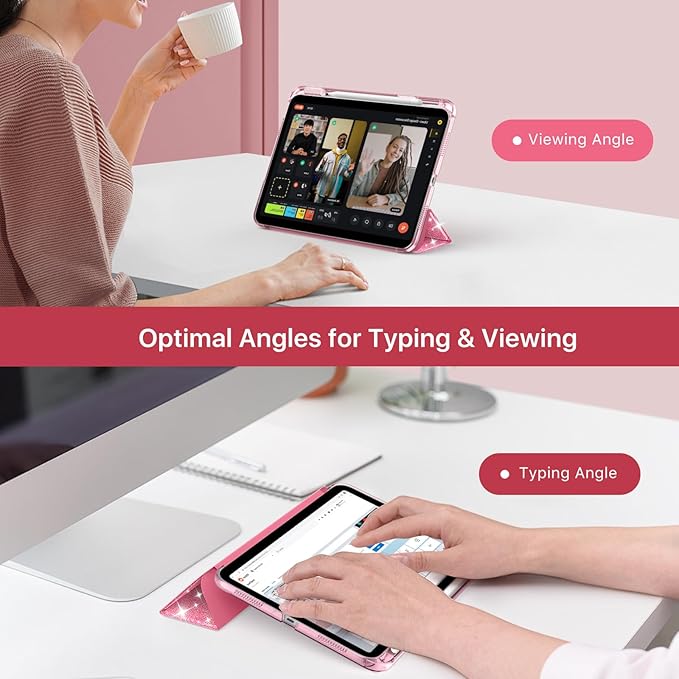 MoKo for iPad (A16) 11th Generation Case 11 Inch 2025, iPad 10th Generation Case 10.9 Inch 2022 with Pencil Holder, Slim Light Trifold Protective Cover with Hard PC Translucent Back Shell,Glitter Pink