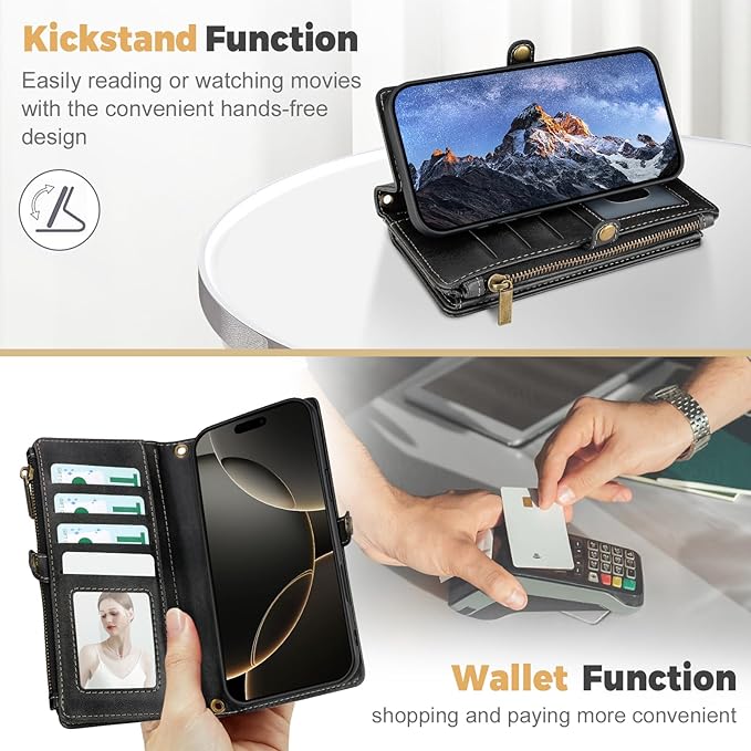 for iPhone 16 Pro Max Wallet Phone Case with 8 Card Holder,RFID Blocking | PU Leather | Kickstand | Flip | Wrist Strap&Shoulder Strap | Shockproof | Zipper Wallet | Women Men | 6.9" | Black