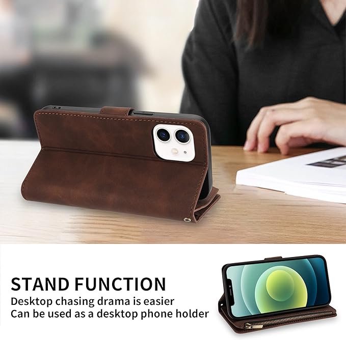 ZZXX for iPhone 12 Mini Wallet Case with Card Slot Premium Soft PU Leather Zipper Flip Folio Wallet with Wrist Strap Kickstand Protective for iPhone 12 Mini Case Wallet(Coffee 5.4 inch)