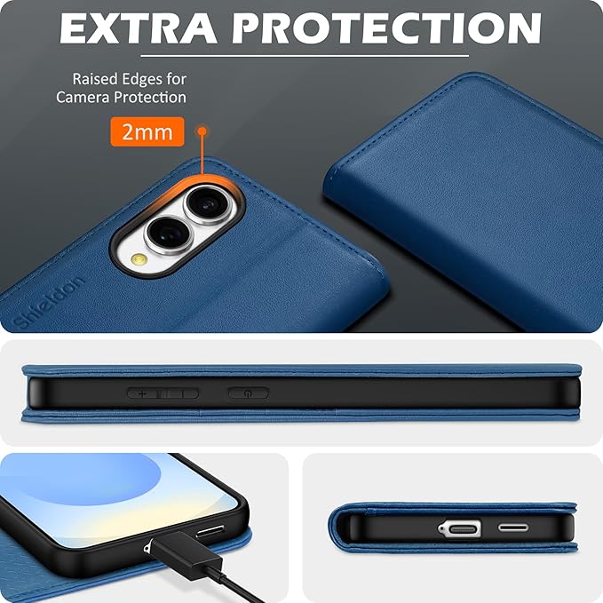 SHIELDON Case for Galaxy S25 Edge 6.7", Genuine Leather Wallet Magnetic Case with RFID Blocking Card Holder Kickstand Shock Absorbing Cover Compatible with Galaxy S25 Edge 2025 - Nappa Royal Blue