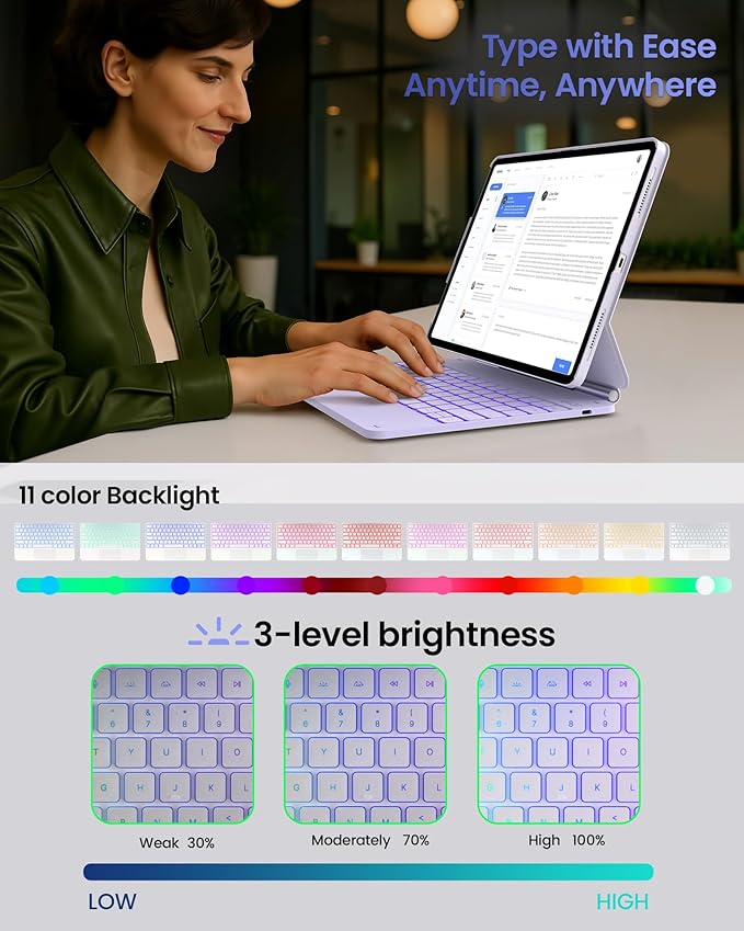 typecase Edge+ Keyboard Case for iPad Air 13-inch(M3 2025 / M2 2024),Ultra-Slim Detachable Case,Portrait & Typing Modes,Built-in Trackpad,11-Color Backlight,Magnetic Stand,Pencil Holder,Light Purple