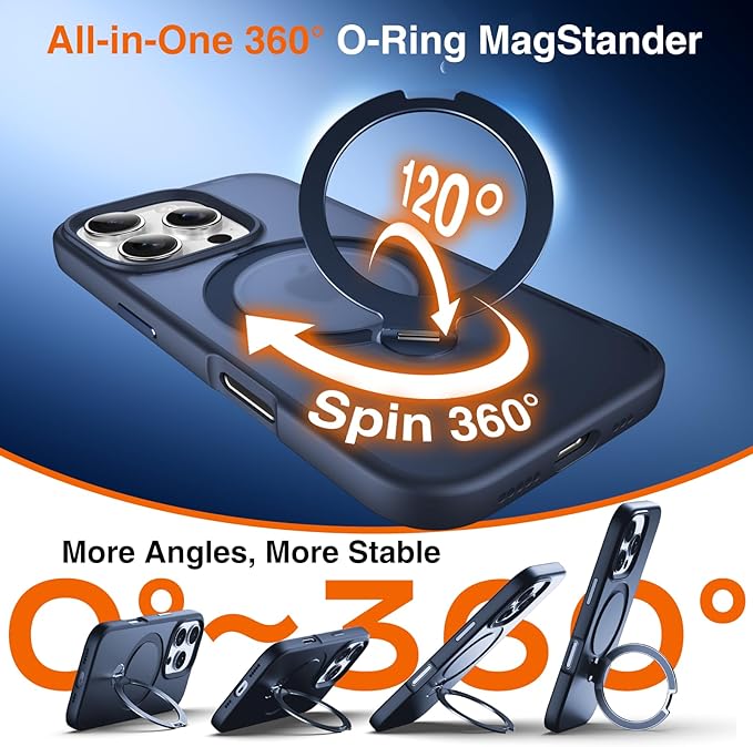 360° O-Ring MagStander for iPhone 15 Pro Case with Magnetic Kickstand Ring Holder [Compatible with MagSafe][360°Rotate Stand Ring][Military Shockproof] iPhone 15 Pro Phone Cover Matte Blue