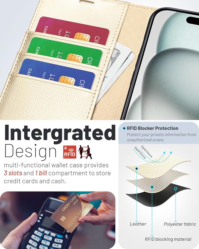 OCASE Compatible with iPhone 16 Wallet Case, PU Leather Flip Folio Case with Card Holders RFID Blocking Kickstand [Shockproof TPU Inner Shell] Phone Cover 6.1 Inch 2024, Gold