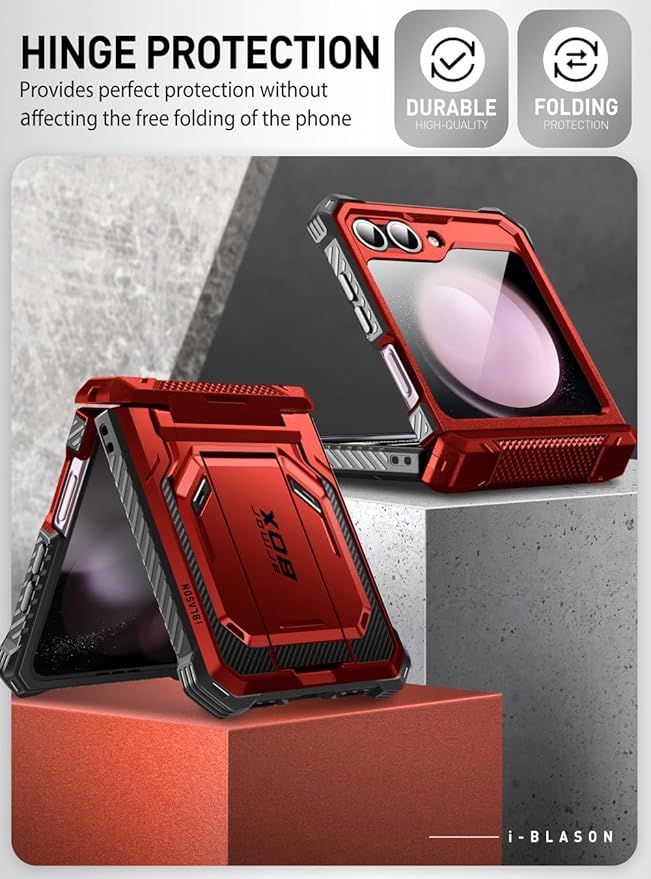 i-Blason for Samsung Galaxy Z Flip 7 FE Case, Z Flip6 Case with Stand, [Built-in Screen Protector] [Hinge Protection] [Belt-Clip], Military Phone Case for Samsung Z Flip 7 FE/6/5, Armorbox, Red