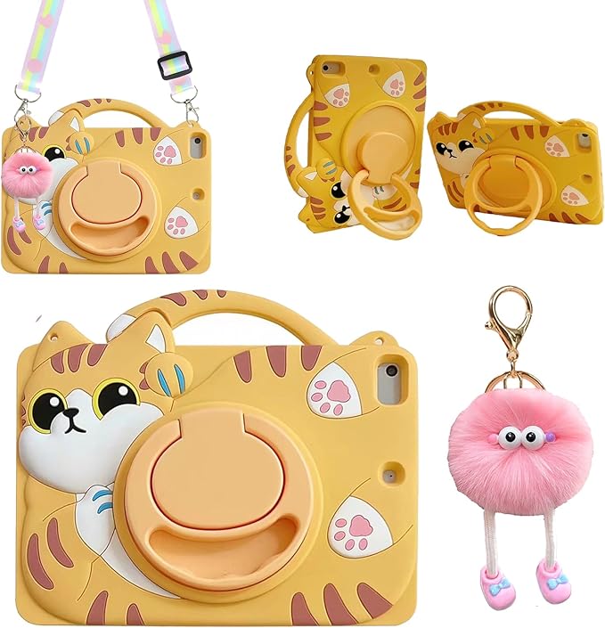 3D Cute Vivid Cat Case for Samsung Galaxy Tab A9 8.7 inch 2023 SM-X110/X115/X117,Kawaii Cartoon Character Pretty Cat Soft Silicone Rotating Stand Case with Lanyard for Kids Teens Girls Women