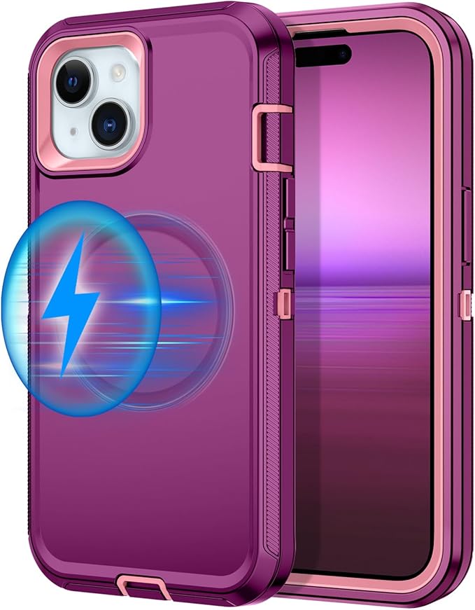 for iPhone 14 Plus Case,iPhone 15 Plus Case [Compatible with MagSafe] Shockproof 3-Layer Full Body Protection Rugged Heavy Duty Cover for Apple iPhone 14/15 Plus 6.7",Purple/Pink
