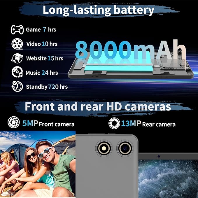 Android 15 Tablet, 26GB + 256GB (2TB Expandable), 10.1-inch Tablet with Keyboard, 8000 mAh Battery, BT 5.0, 5G WiFi, Widevine L1, 2-in-1 Tab with Mouse, Protective Case，Stylus（Silver Case）