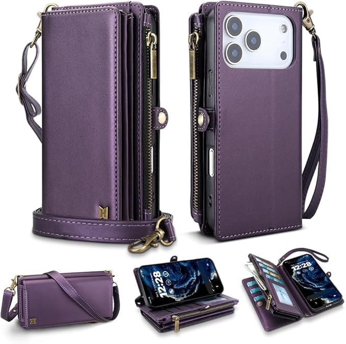for iPhone 17 Pro Wallet Phone Case with 7 Card Holder,RFID Blocking | PU Leather | Kickstand | Flip | Wrist Strap&Shoulder Strap | Shockproof | Zipper Wallet | Women Men | 6.3" | Purple