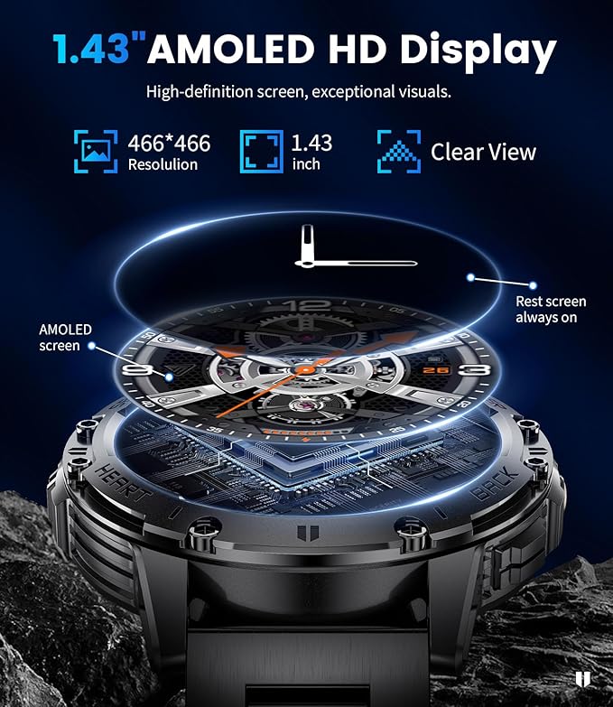LIGE 1.43" AMOLED Smart Watch for Men with Flashlight, Bluetooth Calling, 100+ Sport Modes, 530mAh, IP68 Waterproof Fitness Tracker for Workout, iOS Android Compatible, Black Steel Camouflage Silicone