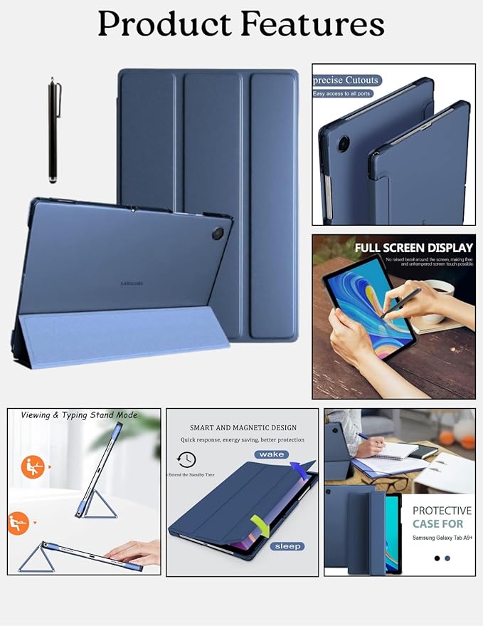 Cover for Samsung Galaxy Tab A9 Plus 11 inch Case Cover, Smart Flip Case Cover for Samsung Galaxy Tab A9+ 11 inch Translucent Back with Stylus Pen, Dark Blue
