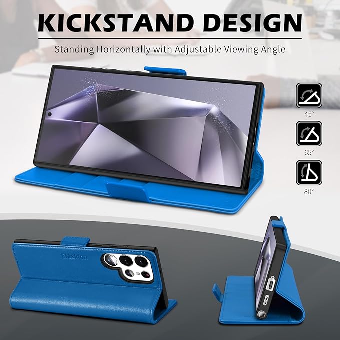 SHIELDON Case for Galaxy S25 Ultra 6.9", Genuine Leather Wallet RFID Blocking Card Holder Kickstand Magnetic Shock Absorbing Protective Case Compatible with Galaxy S25 Ultra - Nappa Sapphire Blue