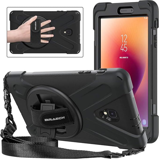 BRAECNstock for Samsung Galaxy Tab A 8.0 2017 Case, Shockproof Protective Tab A 8.0" SM-T380/T385 Case with Rotating Hand Strap & Stand, Shoulder Strap, Pencil Holder, Black