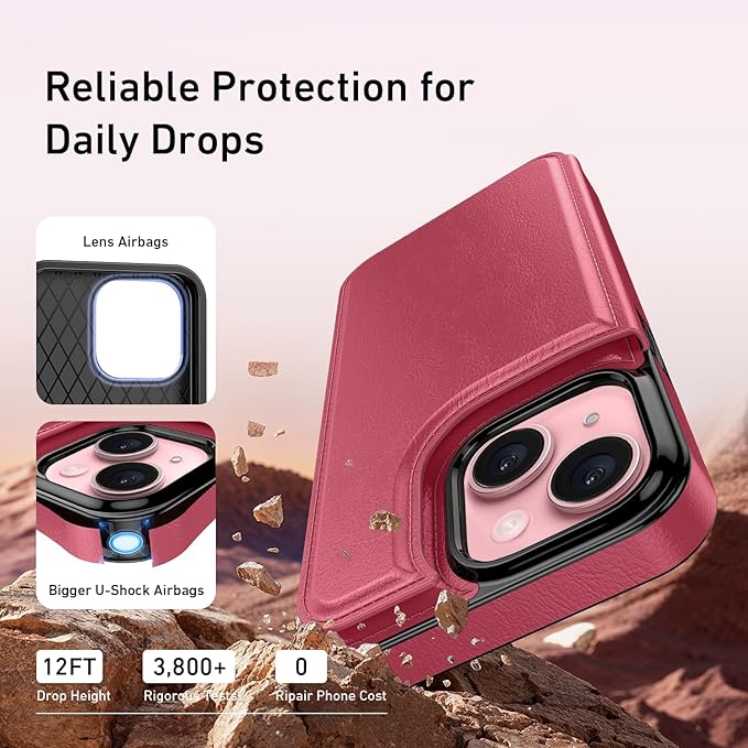 FUNMIKO for iPhone 15 Plus Wallet Case with Card Holder, RFID-Blocking, Military-Grade Protection & UV-Printed Artwork, Magnetic Closure with Leather Kickstand - Hot Pink