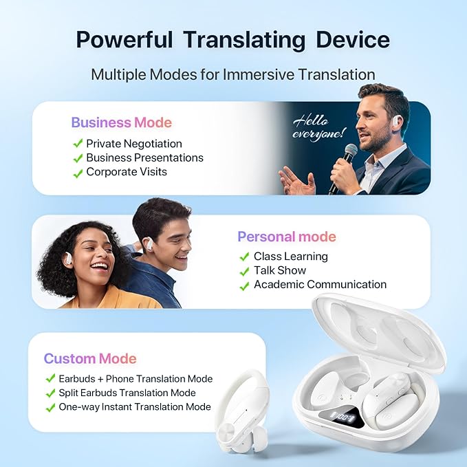 AI Translation Earbuds Real-Time : 144 Languages, Offline Mode, Noise Canceling, 60 Hours Battery - Seamless Translator Headphones for Travel Business Learning, iOS & Android Support