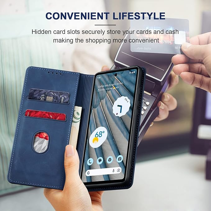 Jasonyu Flip Wallet Case for Google Pixel 7A,Leather Magnetic Folio Cover with Card Holder,Kickstand - TPU Shockproof Durable Protective Phone Case,Blue