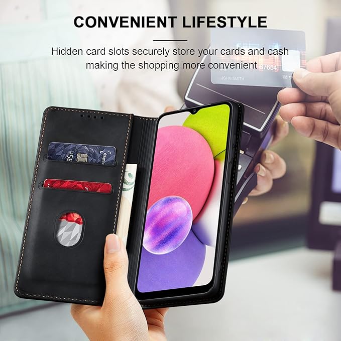 Jasonyu Flip Wallet Case for Samsung Galaxy A03s [US Version],Leather Magnetic Folio Cover with Card Holder,Kickstand - TPU Shockproof Durable Protective Phone Case,Black