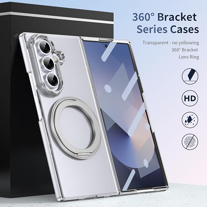for Samsung Galaxy Z Fold 7 Case with Magnetic Ring Holder, 360 Rotating Bracket, Built-in Front Screen Len Protector, Anti-Yellowing & Anti-Fingerprint Crystal Clear Case.(Silver)