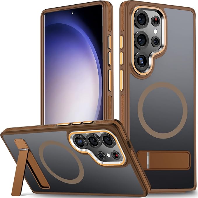 Case for Samsung Galaxy S25 Ultra, Compatible with Magsafe, [Invisible & Adjustable Stand] for Matte Translucent Cover, Anti-Slip Shockproof Slim Phone Case for Galaxy S25 Ultra (Brown)
