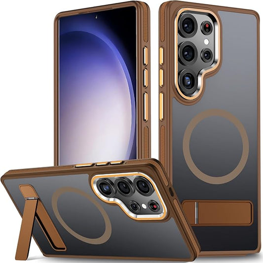 Case for Samsung Galaxy S25 Ultra, Compatible with Magsafe, [Invisible & Adjustable Stand] for Matte Translucent Cover, Anti-Slip Shockproof Slim Phone Case for Galaxy S25 Ultra (Brown)