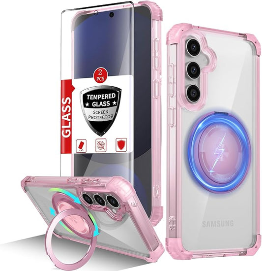 for Samsung Galaxy S24 FE Case Compatible with Magnetic Wireless Charging with 2 Screen Protectors,Galaxy S24 FE Case Built-in Kickstand Ring Military Grade Drop Protection Shockproof Pink