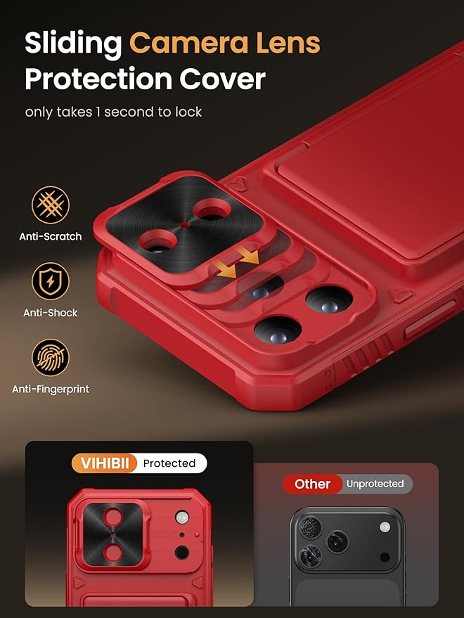 Vihibii for iPhone 17 Pro Wallet Case with Card Holder (4 Cards) [RFID Blocking] & Slide Camera Cover & Raised Edges Protect Screen, Shockproof Rugged Phone Cover Case for iPhone 17 Pro 6.3" 2025, Red