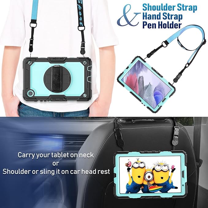 Timecity Case for Samsung Galaxy Tab A7 Lite Case 8.7 inch 2021 (SM-T220/T225/T227), Durable Sturdy Protection Case with Screen Protector 360° Rotating Stand Handle Shoulder Strap - Light Blue
