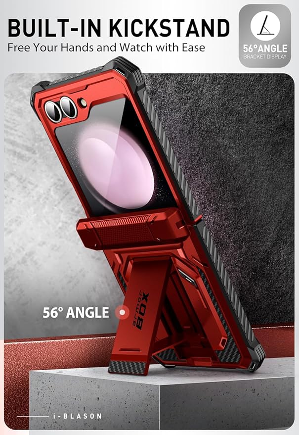 i-Blason for Samsung Galaxy Z Flip 7 FE Case, Z Flip6 Case with Stand, [Built-in Screen Protector] [Hinge Protection] [Belt-Clip], Military Phone Case for Samsung Z Flip 7 FE/6/5, Armorbox, Red