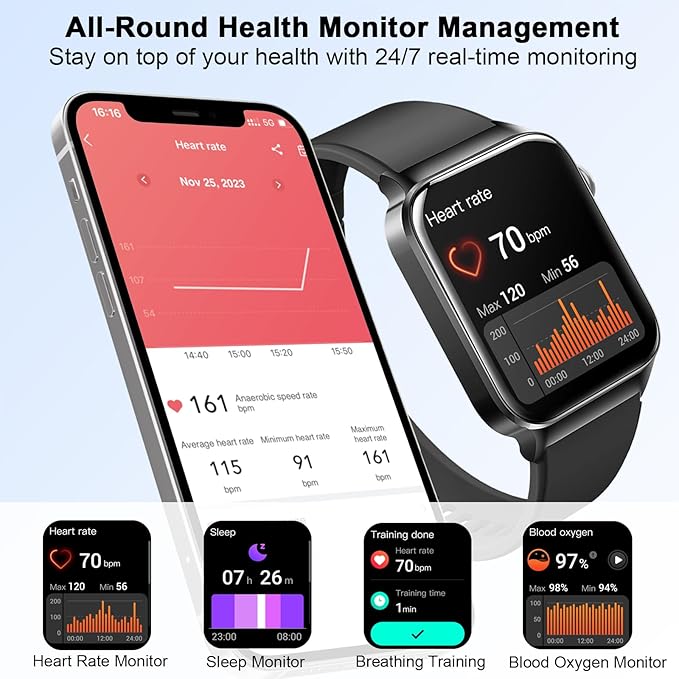 Smart Watch(Answer/Make Call), 1.85" HD Smartwatch for Men Women, 2025 New Fitness Watch with 113+ Sport Modes, Heart Rate/Sleep/SpO2/Calories Monitor, IP68 Waterproof Activity Tracker for Android iOS