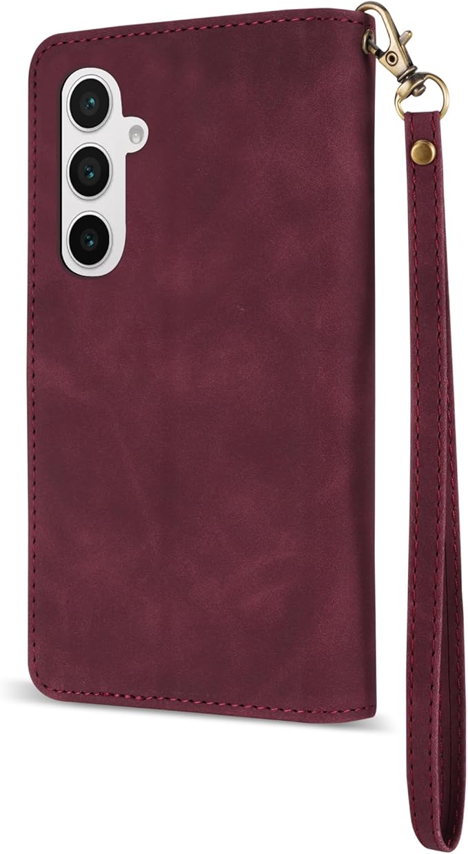 ZZXX for Samsung Galaxy S24 FE Wallet Case with RFID Blocking Card Slot PU Leather Zipper Flip Folio with Strap Kickstand Protective Cover for Galaxy S24 FE Case Wallet(Wine Red-6.7 inch)