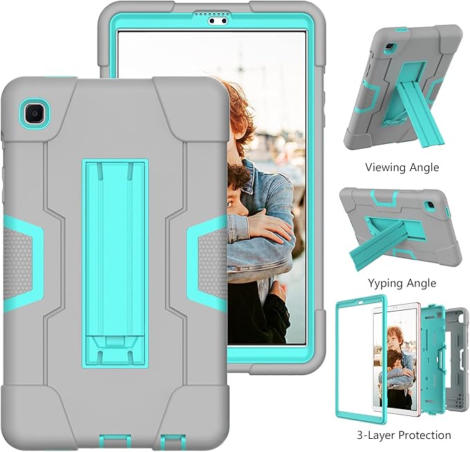 Case for Samsung Galaxy Tab A7 Lite 2021, 3-in-1 Heavy Duty Kickstand Silicone Hybrid Protective Cover for Tab A7 Lite SM-T220/T225/T225N/T227U, Gray/Green
