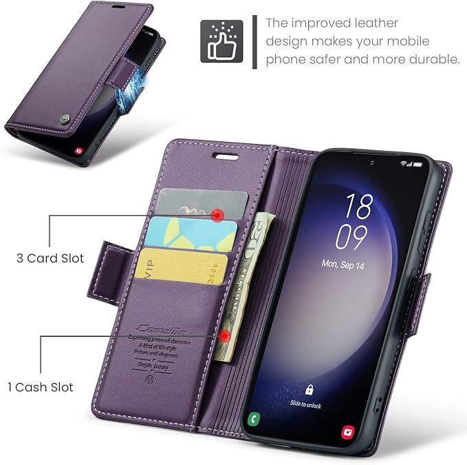Case for Samsung Galaxy S23 Wallet Case, RFID Blocking PU Leather Flip Folio Cover Card Holder Kickstand Shockproof Phone Case Compatible with Samsung Galaxy S23, Purple