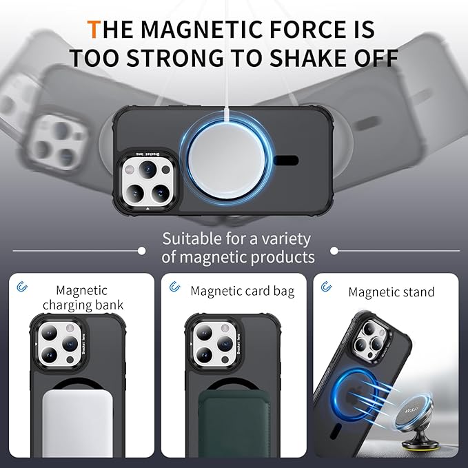 Magnetic for iPhone 14 Pro Max Case Black with MagSafe Wireless Charging Heavy Duty Military-Grade Shockproof Protection Adjustable Kickstand Slim Matte Anti-Fingerprint Cover Men Women